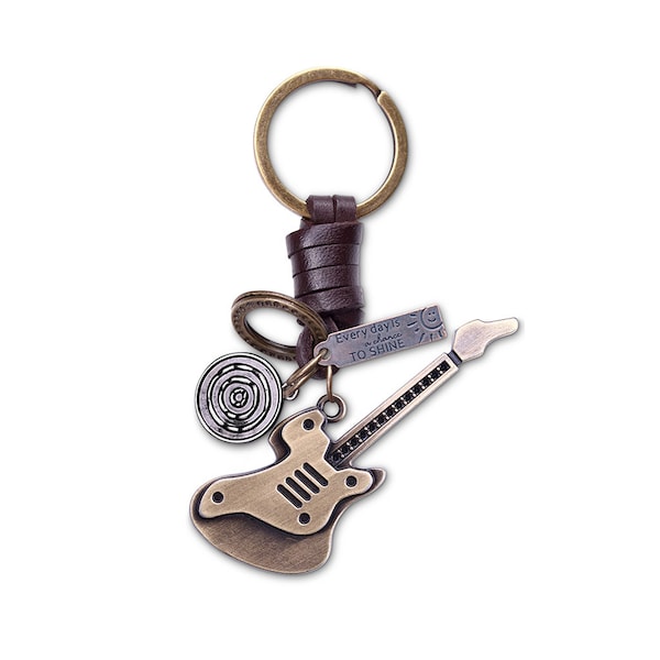 Electric Guitar KeyChain Gift Idea Women Men Brown Leather 3D KeyRing Home Car Surprise Addition Keys Present