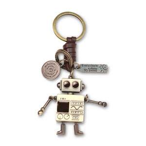 Fashion Robot KeyChain Gift Idea Women Men Brown Leather 3D KeyRing Home Car Surprise Addition Keys Present