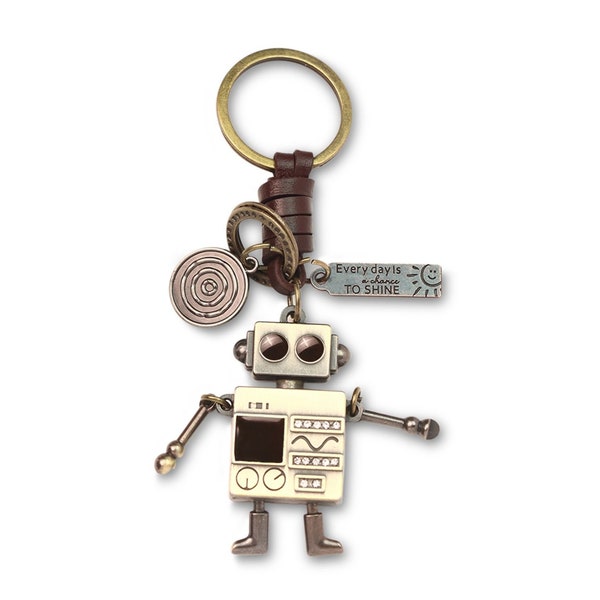 Modischer Roboter-Schlüsselanhänger, Geschenkidee, Damen und Herren, braunes Leder, 3D-Schlüsselanhänger, Zuhause, Auto, Überraschung, Zusatzschlüssel, Geschenk