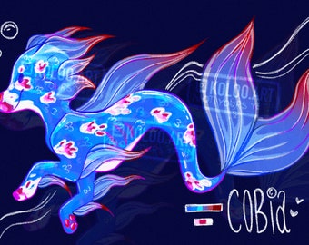 May include: A digital illustration of a mythical creature with a dog-like head, a fish tail, and a flowing mane. The creature is blue and red with a pink and blue patterned body and is swimming in a dark blue background. The text "COBIA" is written in white below the creature.