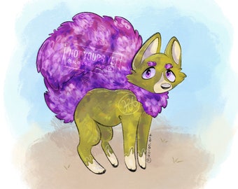 May include: A cartoon illustration of a green and purple dog with a fluffy purple tail. The dog is looking to the right and has a surprised expression on its face. The text "NOT YOURS YET" is written on the dog's tail.