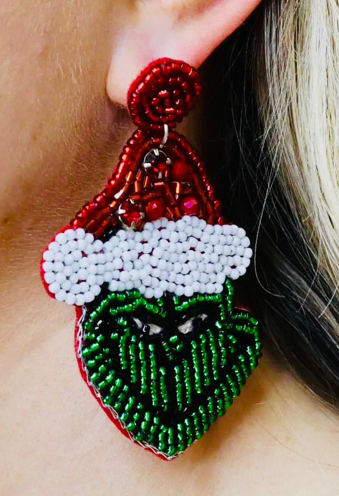 Beaded Grinch Earrings. Embellished Christmas Earrings. Grinch Etsy