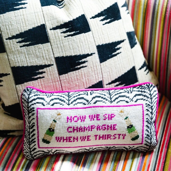 Pink, black, and white, Now we sip champagne when we thirsty, thirstay, modern needlepoint pillow Furbish. Wool throw pillow Biggie inspired