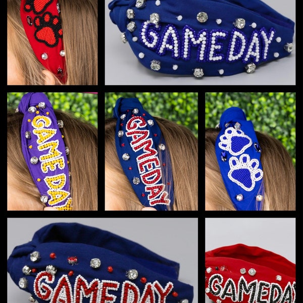 Game Day beaded embellished knot headband blue and red, black and orange, purple and yellow