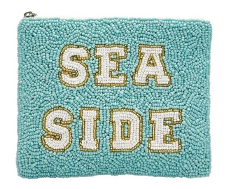 Sea side aqua and gold seed bead coin purse, seed bead pouch, clutch. Beaded coin purse