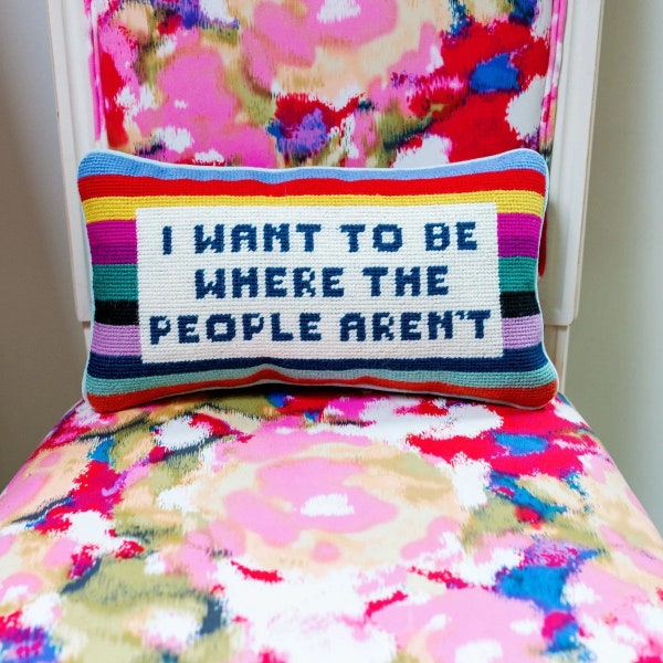 I wanna be where the people aren’t modern striped rainbow, pinks needlepoint pillow Furbish. Wool throw pillow