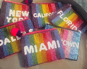 SALE!!!   Rainbow bright striped State and City Seed Bead Coin purse pouch, with pom poms, great Gift