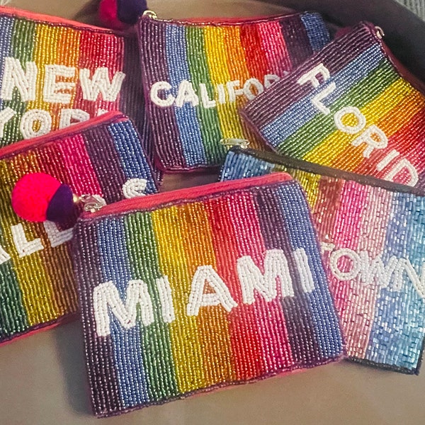 SALE!!!   Rainbow bright striped State and City Seed Bead Coin purse pouch, with pom poms, great Gift
