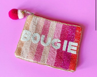Seed Bead beaded Bougie, Savage, Rachet, beaded coin pouch, ID pouch, purse pink with pom poms