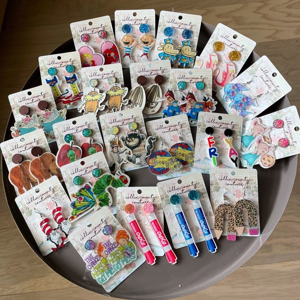 Restocked!  book character earrings teacher earrings , Pete, cat,  brown bear,  mouse a cookie,  hungry caterpillar,  wild things, Frizzle