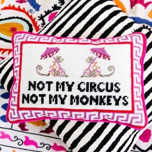 Not my circus, not my monkeys pink Greek key modern needlepoint pillow Furbish. Wool throw pillow