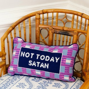 Not today Satan,  modern needlepoint pillow Furbish.  Wool throw pillow