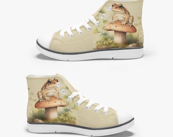 Grenouille mignonne chaussures montantes en toile pour enfants, chaussures d&#39;automne pour tout-petits, grenouille sur champignon, chaussures pour enfants d&#39;âge préscolaire, style Converse animal forêt