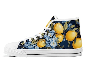 Summer Lemon And Blue Flowers  High-Top Canvas Shoes,  Summer Sneakers, Converse Style Summer Shoes, trendy Summer Canvas Shoes