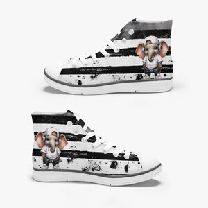 Elephant Grunge Kid&#39;s High-Top Canvas Shoes / Cool Black & White Stripes / Converse Style Kids Shoes / Preschooler shoes / kids summer shoes