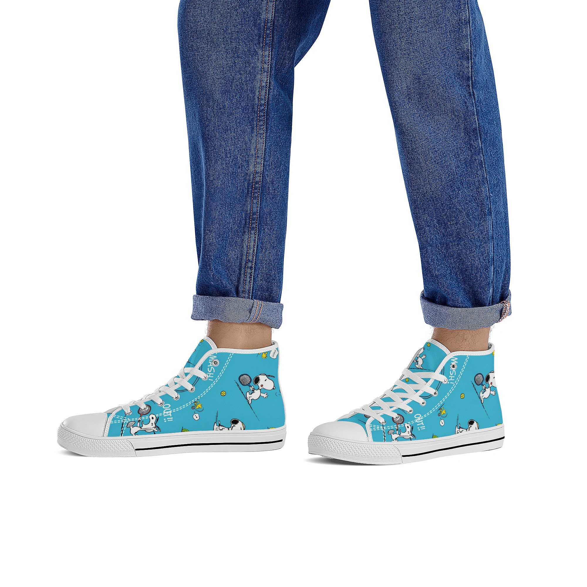 Snoopy  Playing Tennis Cartoon Blue High Top Sneakers