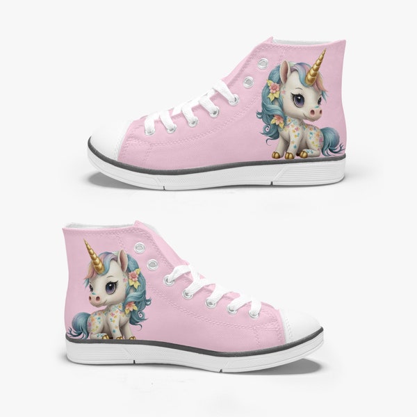 Chaussures montantes en toile licorne pour enfant / chaussures en toile roses pour filles / adorables chaussures licorne pour fille / style Converse / chaussures pour filles d'âge préscolaire