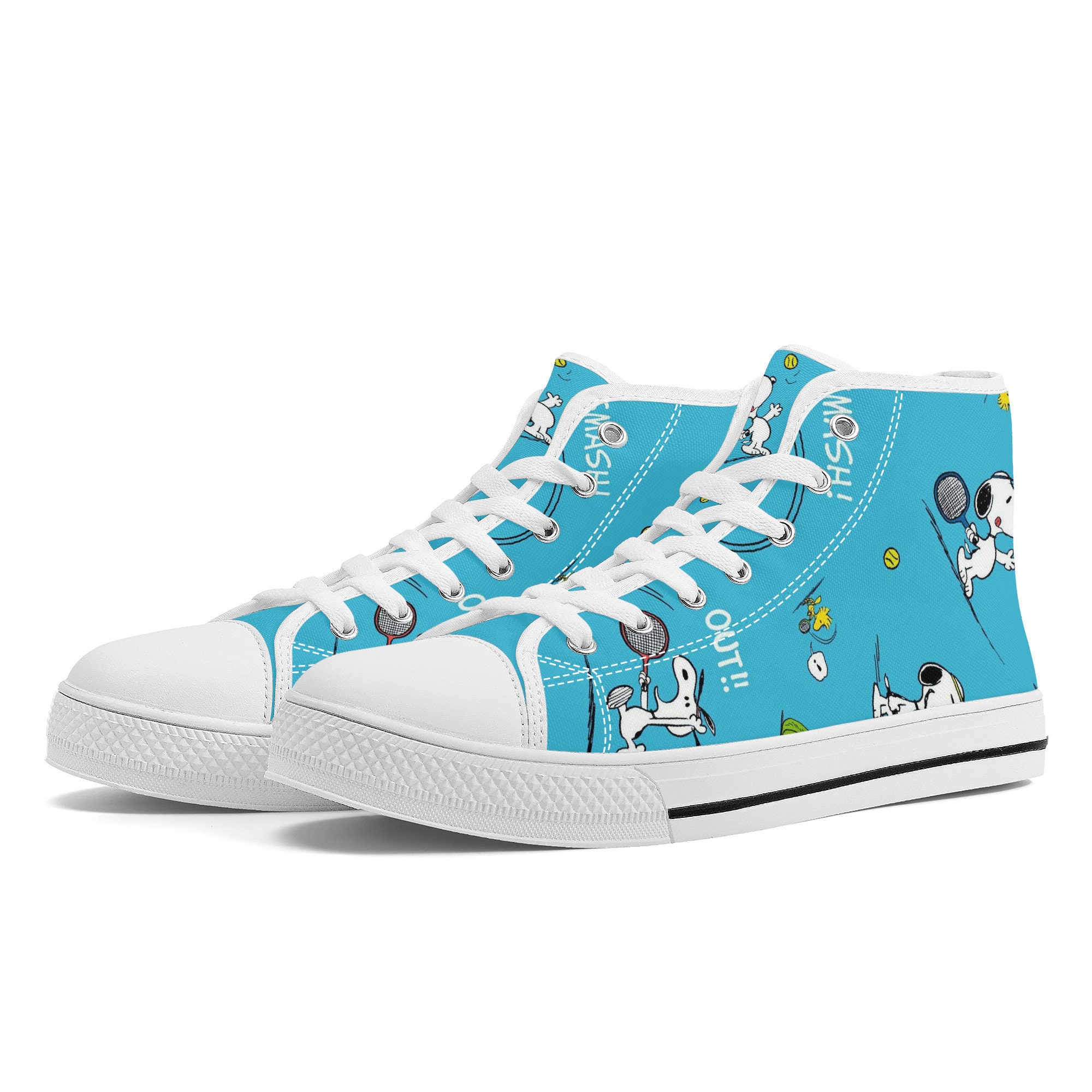 Snoopy  Playing Tennis Cartoon Blue High Top Sneakers