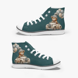 Cute Teddy Bear Riding a Car Light Kid&#39;s High-Top Canvas Shoes, Teddy Bear Shoes, Sneakers For Boys, Preschooler Cute Shoes