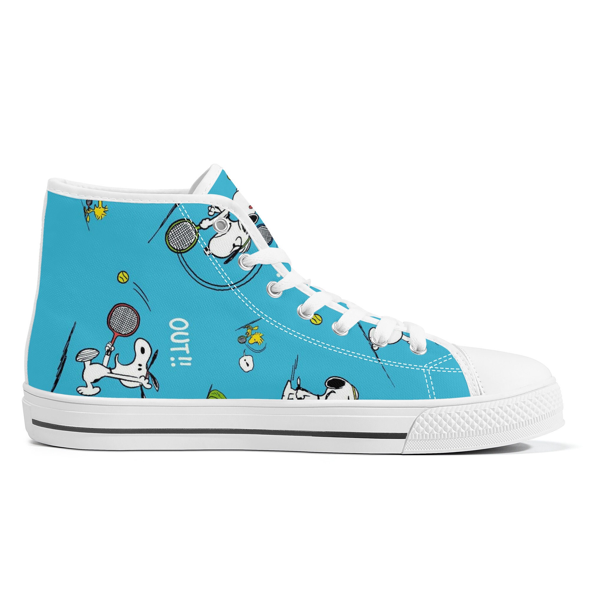 Snoopy  Playing Tennis Cartoon Blue High Top Sneakers