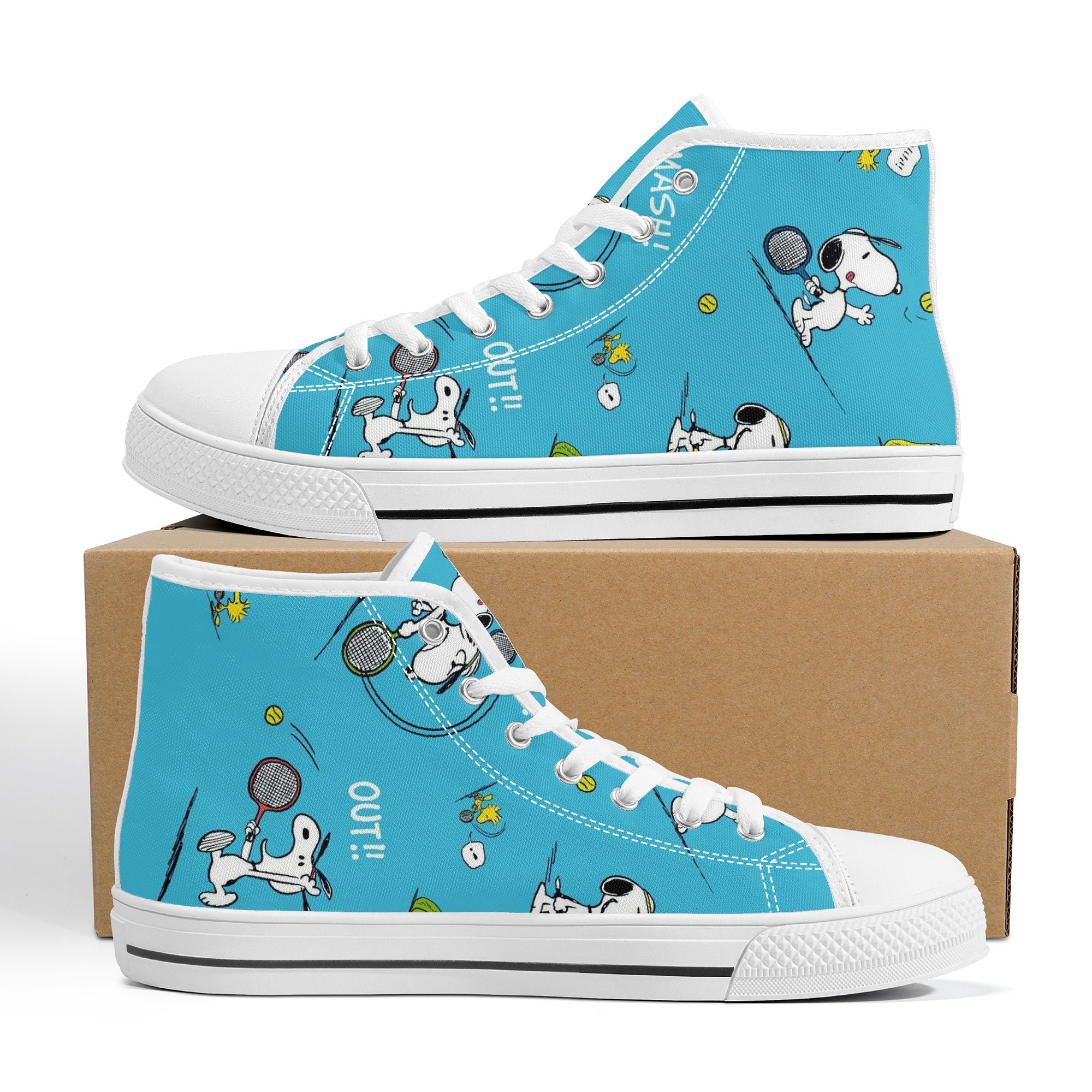 Snoopy  Playing Tennis Cartoon Blue High Top Sneakers