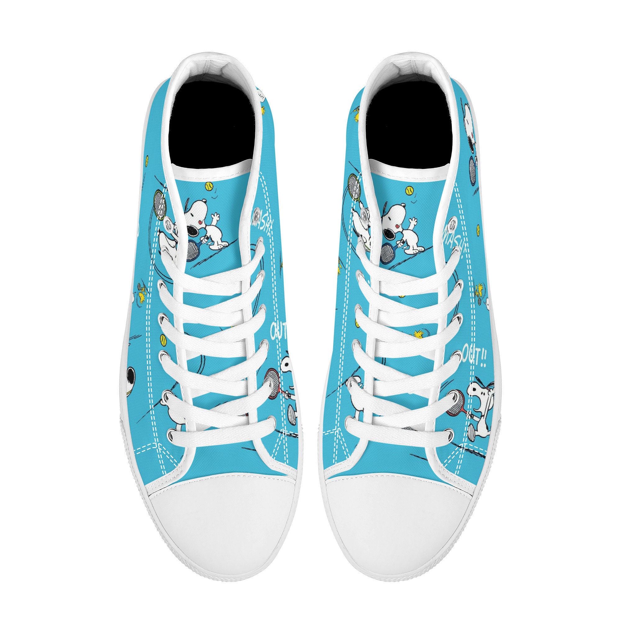 Snoopy  Playing Tennis Cartoon Blue High Top Sneakers