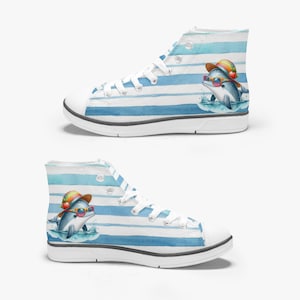 Summer Dolphin Kid&#39;s High-Top Canvas Shoes / Cool Summer Sneakers / Converse Style For Kids