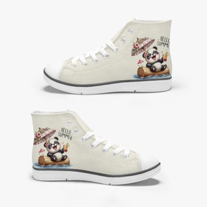 Summer Kid&#39;s High-Top Canvas Shoes, Cute Children Shoes, Panda Bear in The Sun, Beach Kids Sneakers, Converse Style