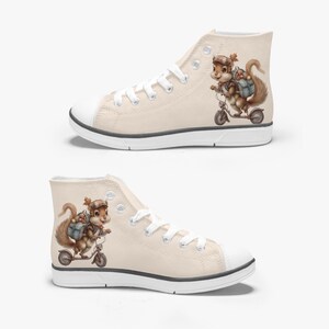 Squirrel on a Scooter Kid&#39;s High-Top Canvas Shoes / Whimsical Autumn Shoes / Cute Autumn Shoes For Toddler / Nursery Shoes / Converse Style