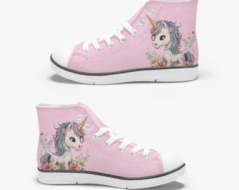 Chaussures montantes en toile licorne pour enfant/filles chaussures en toile roses/mignonnes chaussures licorne pour filles/enfants Style Converse/Chaussures pour filles d&#39;âge préscolaire