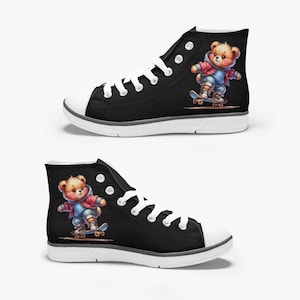 Cute Bear On Skateboard Kid&#39;s High-Top Canvas Shoes, Cute todler Canvas Sneakers, Kids Converse Style