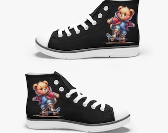 Cute Bear On Skateboard Kid's High-Top Canvas Shoes, Cute todler Canvas Sneakers, Kids Converse Style