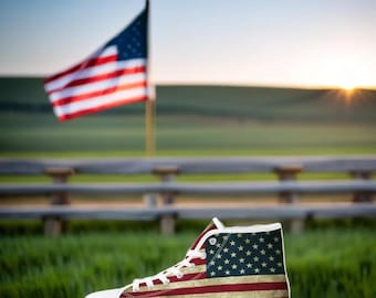 USA Vintage Flagge High-Top Segeltuchschuhe, stolze amerikanische Schuhe, Geschenk für Männer, Geschenk für Frau, US Flagge, converse Stil