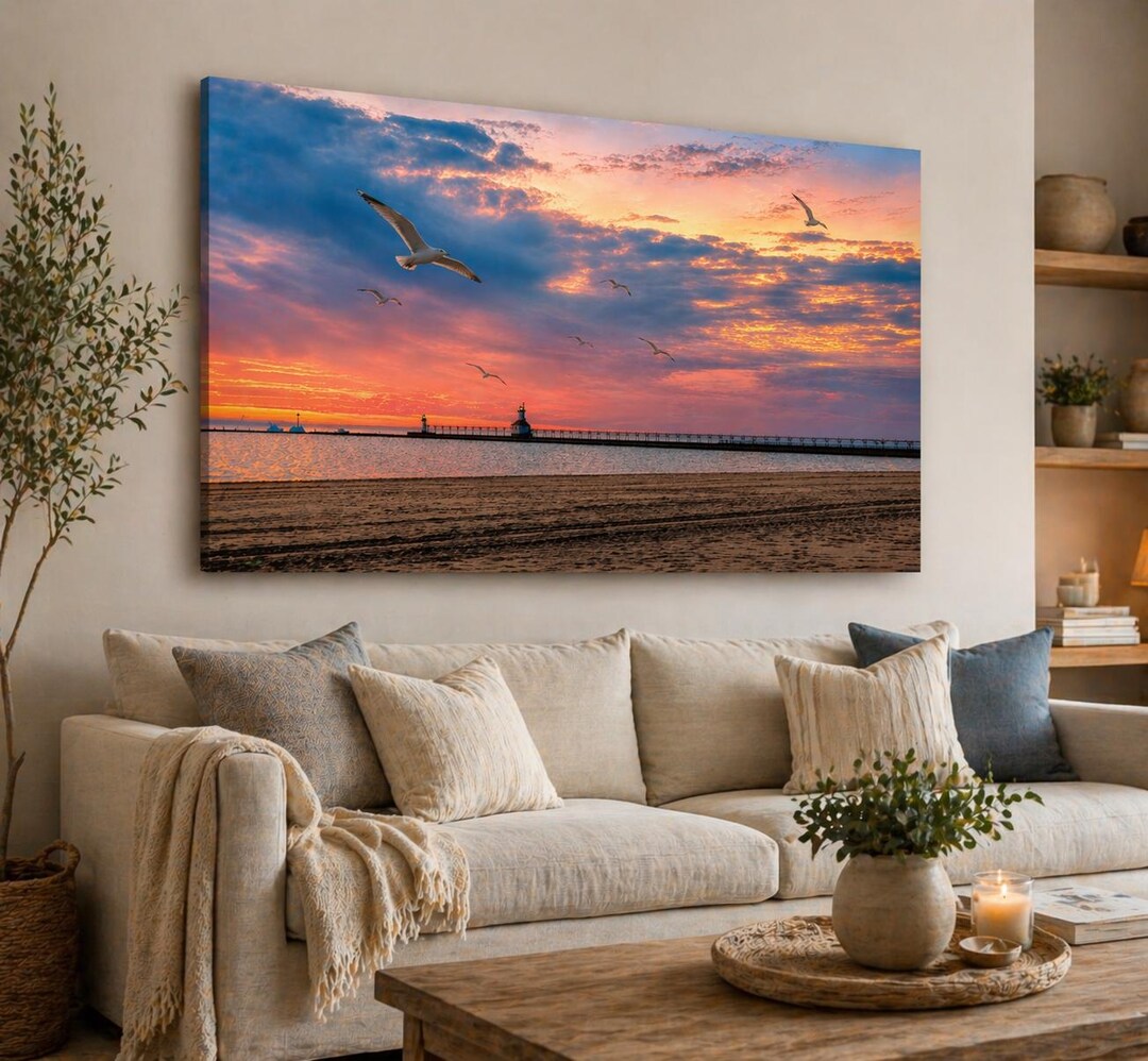 Sunset Lighthouse Canvas Wall Art, Coastal Seascape Print With Seagulls ...