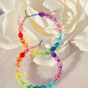 Rainbow Hoop Earrings - Silver Hoop Earrings With Rainbow Beads - Ombre Rainbow Silver Finish Hoop Earrings