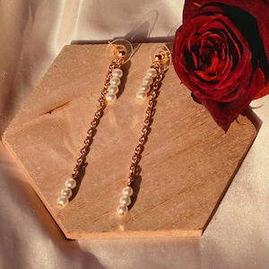 Gold Finish Pearl Dangle Earrings - Gold Pearl Ear Jacket Earrings - Long Back Gold Earrings - Faux Pearl Gold Finish Ear Jacket Earrings