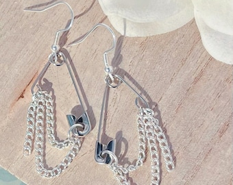 Boucles d'oreilles chaîne épingles à nourrice ouvertes - Boucles d'oreilles pendantes épingles à nourrice faites main - Boucles d'oreilles épingles à nourrice