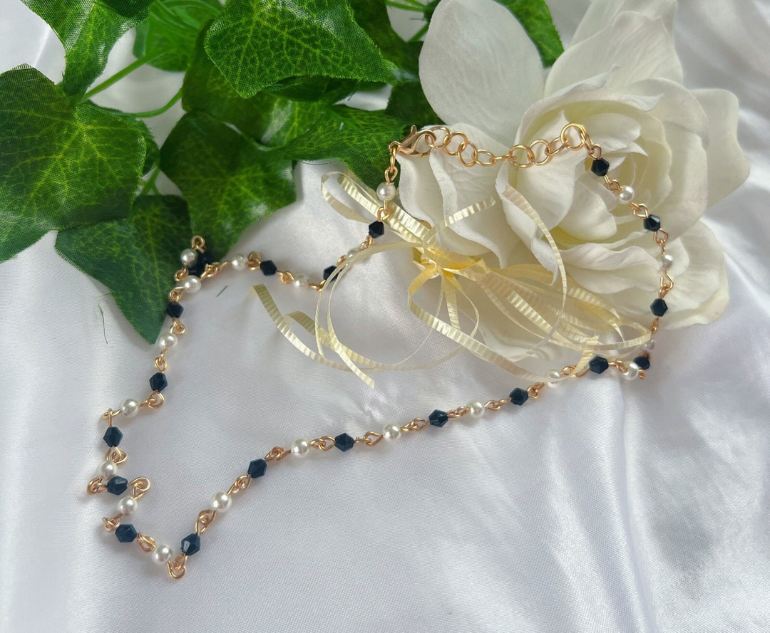 Gold Beaded Necklace Black and Pearl Beaded Necklace Etsy