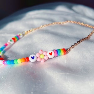 Half Beaded Necklace - Half Chain Necklace - Rainbow Flower Beaded and Chain Necklace -  Gold or Silver Half Beaded Necklace