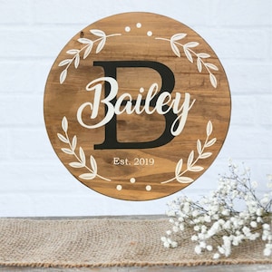 Personalized and Customizable Round Hand-Painted and Stained Wood Sign with Last Name, Initial and Established Date, Perfect for Home Decor