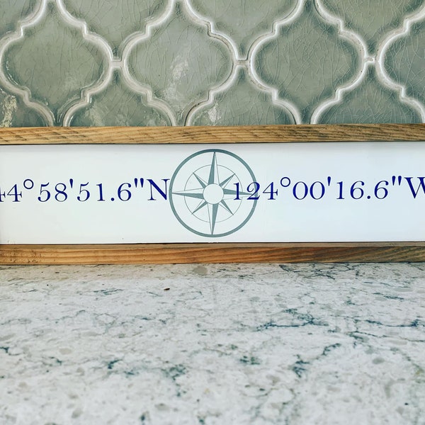 Fully Personalized and Customizable Framed Hand-Painted Wood Sign with Coordinates and Compass for Home, Longitude and Latitude Wooden Sign