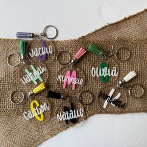 Personalized Acrylic Initial Keychain – Resin Coated, Colored Tassel