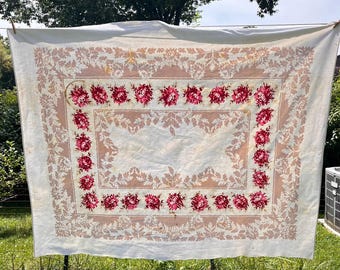 Vintage Tablecloth with Red and Pink Roses and Leaves
