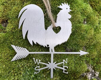 Rooster Weathervane Ornament with Heart Stainless Steel | Christmas Tree Ornament | Farmhouse Decor | Homesteading Gift | Farmer Gift