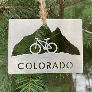 Colorado State Mountainbike Ornament Edelstahl | Colorado Urlaub Geschenk | Colorado Weihnachtsschmuck | Radsport Colorado Karte