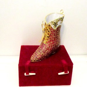 Vintage Cloisonne Red High-Top Shoe Boot Holiday Christmas Ornament Multi Color Metal Enamel and Gold Tones Filigree Storage Box Included