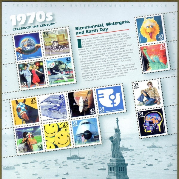 Unused US Postage Stamp 1970's Turn of the Century 15 - 33 Cent Stamps of Memorable Moments in History, Great for Scrapbook, Decoupage