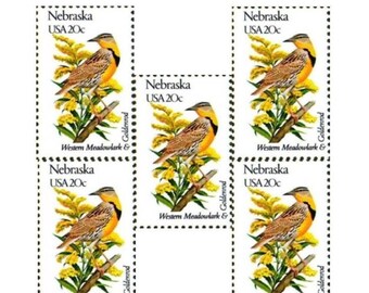 5 Vintage Unused Nebraska State Flower and Bird 20 Cent US Postage Stamps - Scotts# 1979 - Save the Date, Junk Journaling, Scrapbooking