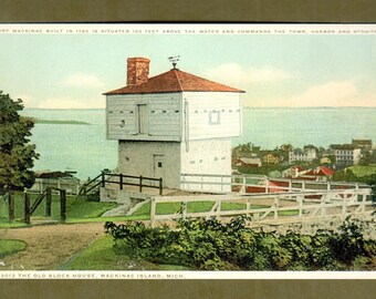 Main St Bay Chrome Postcard Mackinac Island MI-Michigan Fort Mackinac Cannon 