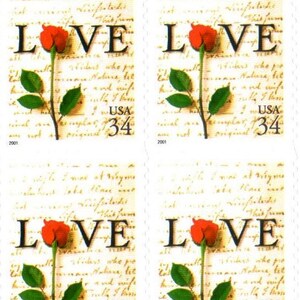 May include: Four vintage-style US postage stamps with a red rose and the word "LOVE" on each. The stamps are from 2001 and have a face value of 34 cents.